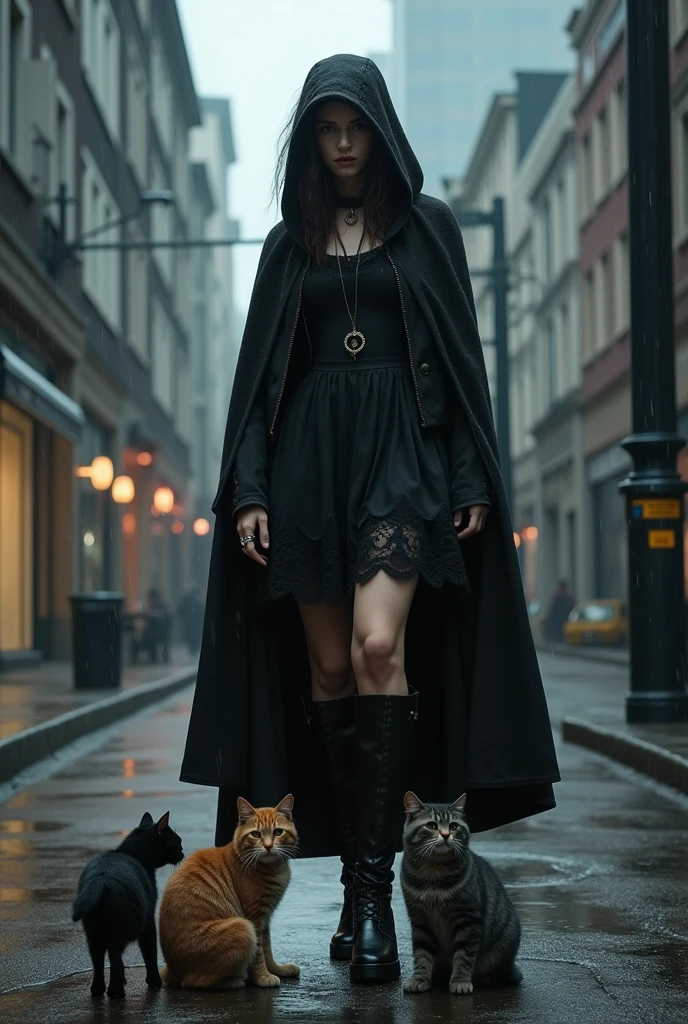 A girl in gothic clothing leaving the office to shelter the cats that were outside 