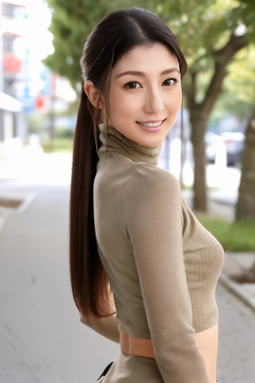 ((top-quality, in 8K, masterpiece:1.3)), Beautiful Japanese woman, perfect body:1.4, Slim abs:1.2, ((Straight hair:1.2)), (turtle neck:1.1), (a street:1.2), wetbody:1.5, Three-dimensional texture, A detailed eye, Brown hair, very thin waist, posterior view, looking back to the viewers