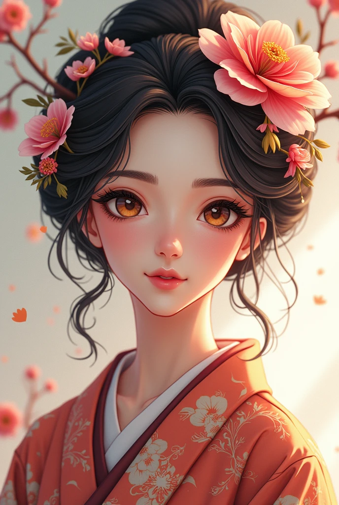 Arabian woman in kimono with flowers on her head, Beautiful digital artwork, Beautiful digital illustrations, Beautiful digital painting, Gorgeous digital painting, Gweiz-style artwork, Photorealistic Anime Rendering, Smooth anime CG art, Beautiful digital art, Amazing digital art with great detail, Amazing digital illustrations, Detailed digital anime art, April Rendering, Beautiful anime portraits