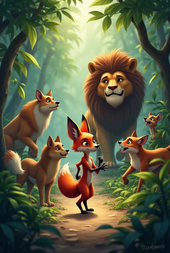 Prompt: "A fox collaborating with other jungle animals to deceive the lion, showing teamwork and strategy."