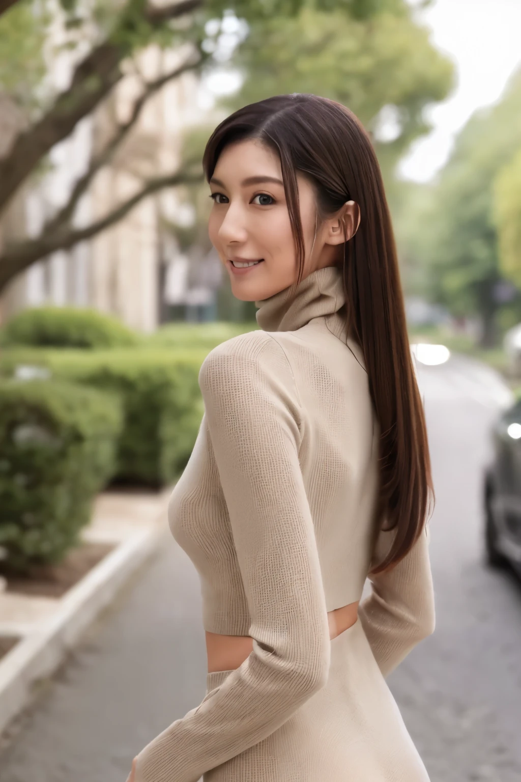 ((top-quality, in 8K, masterpiece:1.3)), Beautiful Japanese woman, perfect body:1.4, Slim abs:1.2, ((Straight hair:1.2)), (turtle neck:1.1), (a street:1.2), wetbody:1.5, Three-dimensional texture, A detailed eye, Brown hair, very thin waist, posterior view, looking back to the viewers