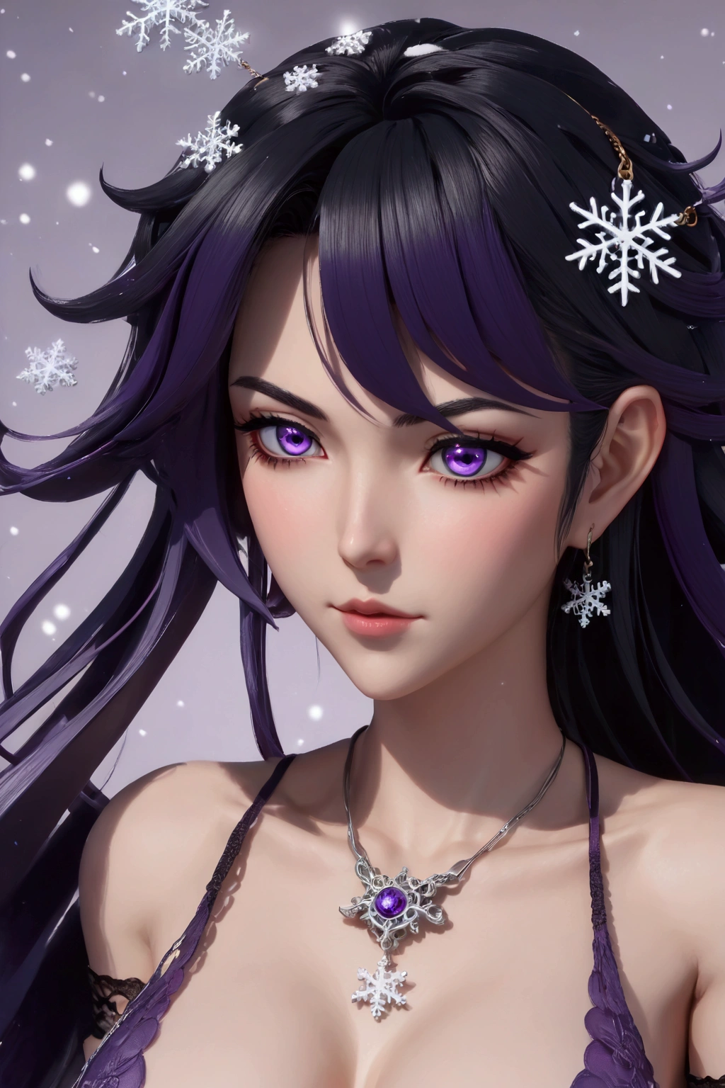 evil anime human woman. half-up long black hair. fair skin. purple eyes. gigantic boobs. Lingerie. snowflake necklace. mauve smirking lips. Realism style. 3D anime model style. CGI animation. Wuxia style. Bedroom background.
