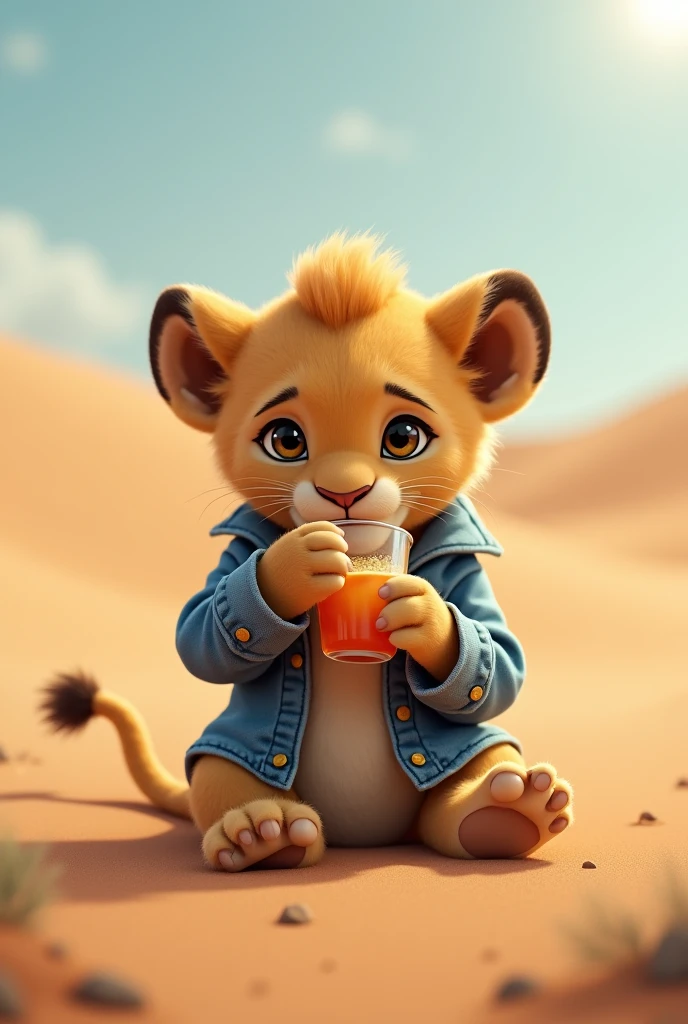 In the desert,A little lion in a denim jacket drinking a drink