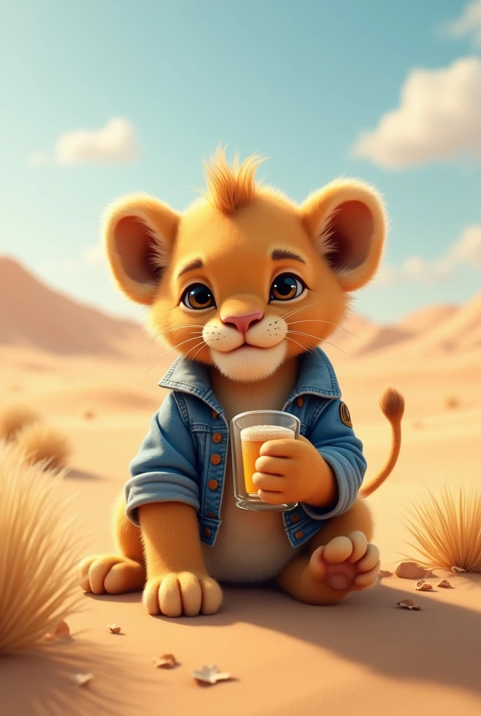 In the desert,A little lion in a denim jacket drinking a drink