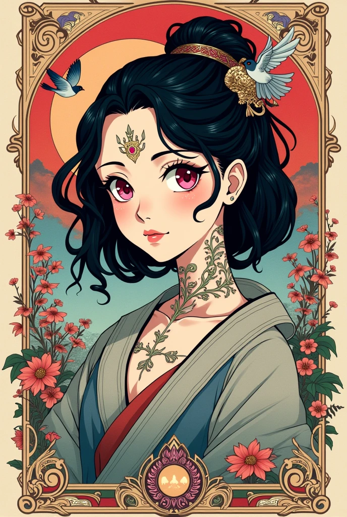 ((best quality)), ((masterpiece)), (detailed), ((perfect face of [Nezuko Komado] from Kimetsu No Yaiba)), black hair, pink eyes, surreal, art nouveau, sparrows, fantasy, sci-fi, line drawing, japanese, traditional, vintage, elegant, chic, sophisticated, tattooed face, black and white, in the style of french illustrator moebius,
