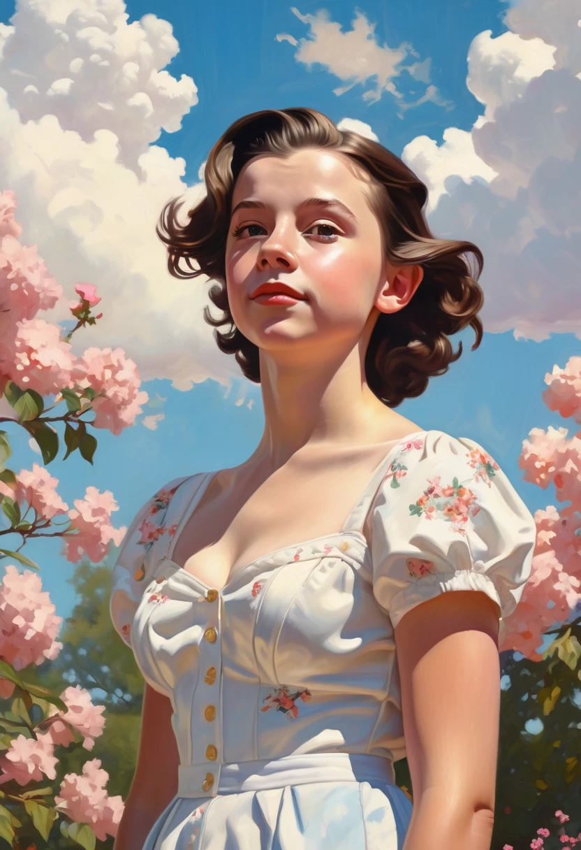 painting of a pale-skinned muscular brunette 18-year-old girl resembling Millie Bobby Brown with huge breasts in the style of Norman Rockwell, standing confidently in a sunlit park, naked, vibrant flowers surrounding her, a gentle breeze tousling her hair, a soft smile on her face, detailed background with a blue sky and fluffy clouds, warm color palette