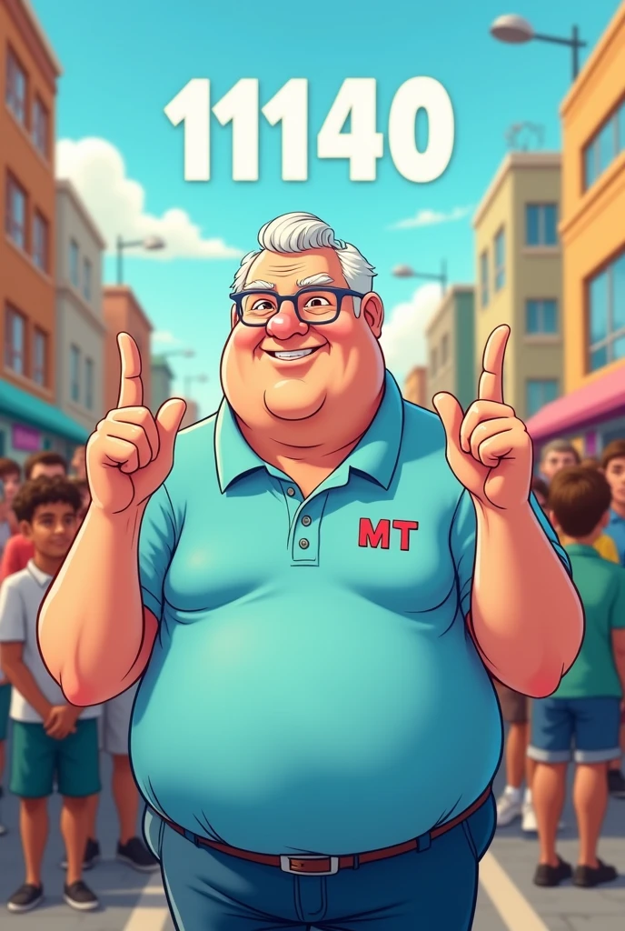 Cartoon de Um homem, looking 50 years old, a little overweight, in a light blue polo shirt, on the shirt it says MT, The man is in the middle of a crowd,  lifting just one finger on each hand, and a number 11140 in the sky.