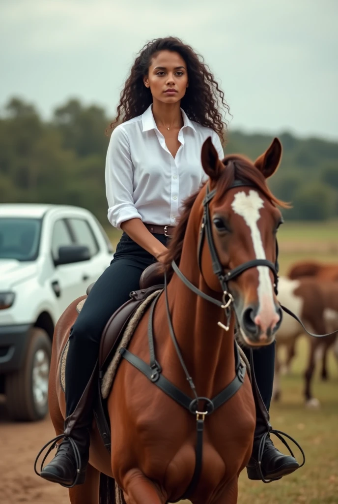 Create image of light-brown Brazilian woman, strong and delicate face, brown dark eyes, high performance training, personal development and extra income riding a horse on a farm wearing a white shirt, oxen and a white ford ranger truck, wearing the appearance of my first creation 