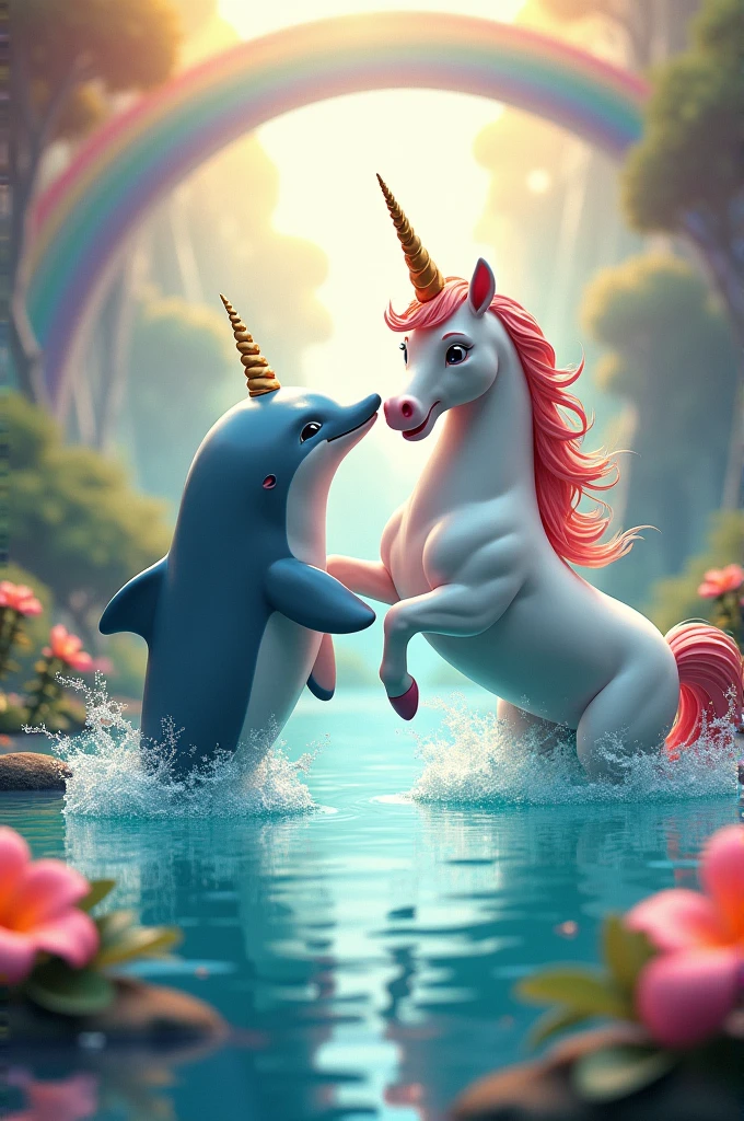 Dolphins playing with unicorns in a colorful and happy place near a rainbow