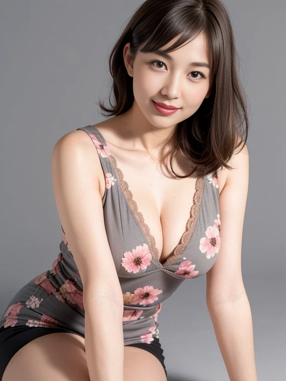((Exposing shoulders)), ((Ample breasts)), ((The skirt is short)), ((Sexy Legs)), ((whole body)),Practical的, Stylish girl, Red lips, Mature Woman, realistic:2.2 , detail skin texture ,Exquisite makeup, Big eyes, beautiful, (Highest quality, masterpiece:1.2), Super detailed, (Practical:1.37), ((random scene, Random shooting angle)), ((Sexy long legs)), Young and energetic, Attractive model, (Delicate eyes, Delicate lips), show a bright smile, Create attractive girl images, Warm colors, Very high color saturation, Official Art, Very detailedなCG, Unified 8K wallpapers, (High Dynamic Range:1.4), (Movie atmosphere),(Soft colors), (Natural skin texture, 超Practical的, Soft Light, sharp),(Very detailed), night, moonlight、((Floral Outfit))、(((Gray background)))、smile、damp, cleavage