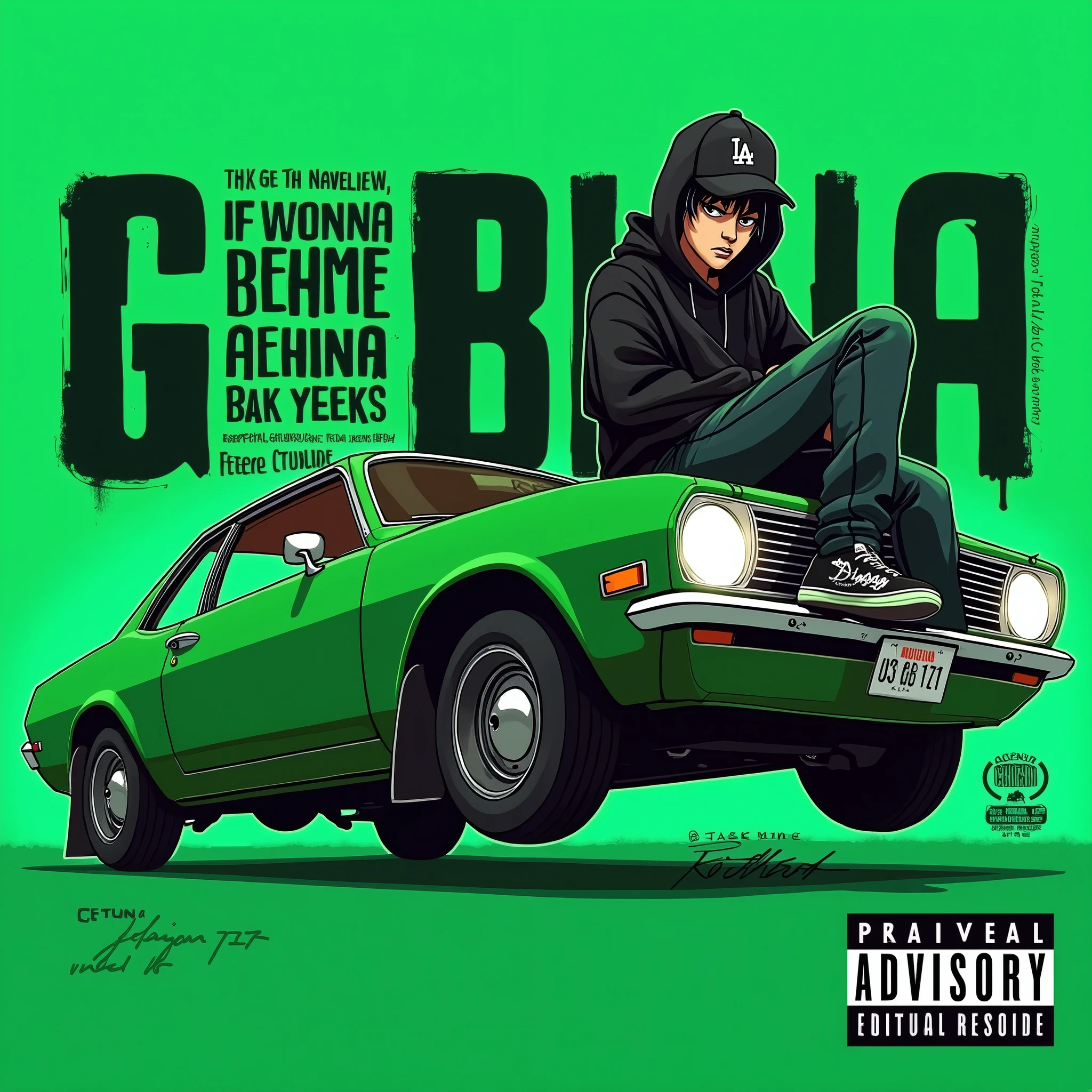 Image of a man sitting on the bonnet of a car, Yoshihiko Wada&#39;s album cover, winner of the behance contest, Doodle, official artwork, rap album cover, hip - hop album art cover, colored album art, hip hop music album cover, rap album cover art, official fanart, GTA Cover, hip hop album cover, album art cover, Cartoon character, oriental boy, Running car, Green background, green tea, Deep pressed black LA ball cap, white nike shoes, Black LA Hoodie, Baggy jeans worn down, black neighborhood, Skull, drug, The city seen from behind, G-FUNK letters, korean, white smoke, Headlight light, Troublemakers, Bad boy