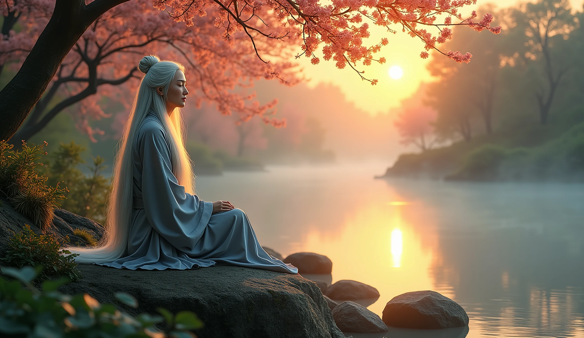 (wide angle shot) , A beautiful middle-aged woman in Asian Taoism, calm face, sitting on a nearby stone, with long white hair, sitting cross-legged, hands up on both knees. Taoism, wearing a gray robe, miraculous aura, Taoist master, lush landscape, dark green, plum blossom forest, orange sunset light, fog, river.