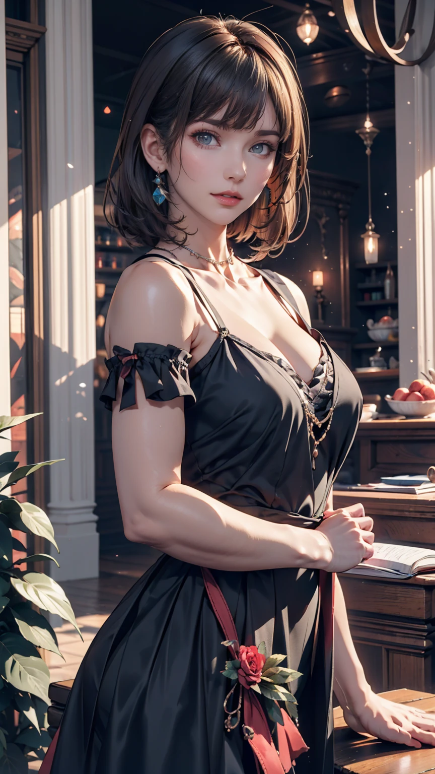 masterpiece, Highest quality, High resolution, One person, alone, Anastasia (Idol Master), Idol Master cinderella girls, blue eyes, short hair, Grey Hair, Black Dress, Cowboy Shot, , Mouth closed, upper_body,