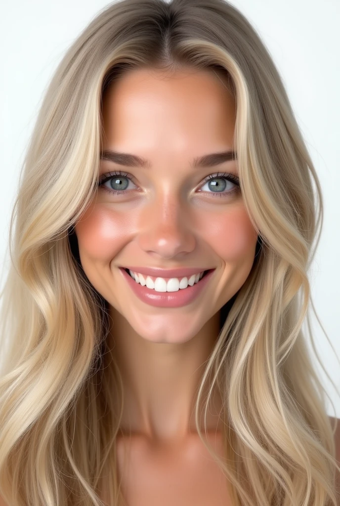 Belle fille de 20 ans, realistic, long hair, blond clair, blue eye, souriante, dent blanche, smooth hair, très realistic, cheveux très très plat, photo identité, sur fond png, mega realiste
