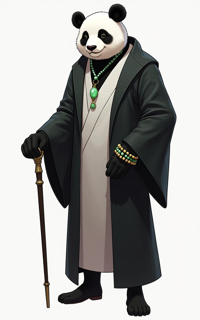 (masterpiece, top quality, best quality, official art,beautiful and aesthetic:1.2),(4k,8k, best quality,masterpiece:1.2),(((white background))), solo,Game character, the panda person, a game character inspired by pandas, wearing a black and white robe, adorned with a jade bead necklace and bracelet, viewed from multiple angles including back view and side view, holding a cane. The structure is clear and accurate, with a modern realistic representation and consistent lighting that looks natural and believable.