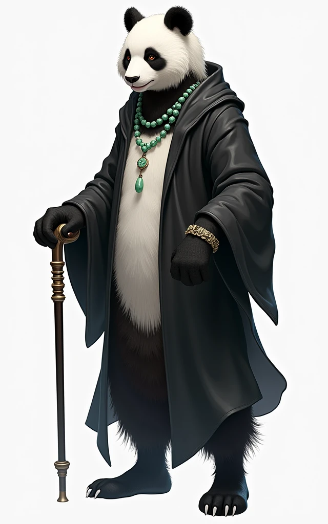 (masterpiece, top quality, best quality, official art,beautiful and aesthetic:1.2),(4k,8k, best quality,masterpiece:1.2),(((white background))), solo,Game character, the panda person, a game character inspired by pandas, wearing a black and white robe, adorned with a jade bead necklace and bracelet, viewed from multiple angles including back view and side view, holding a cane. The structure is clear and accurate, with a modern realistic representation and consistent lighting that looks natural and believable.