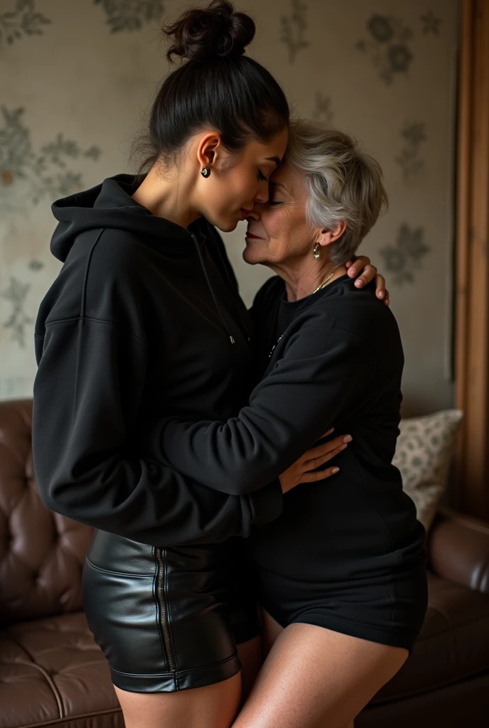 black woman hair in a bun black hoodie black leather short shorts being fucked in the ass by a old grandma in a dress