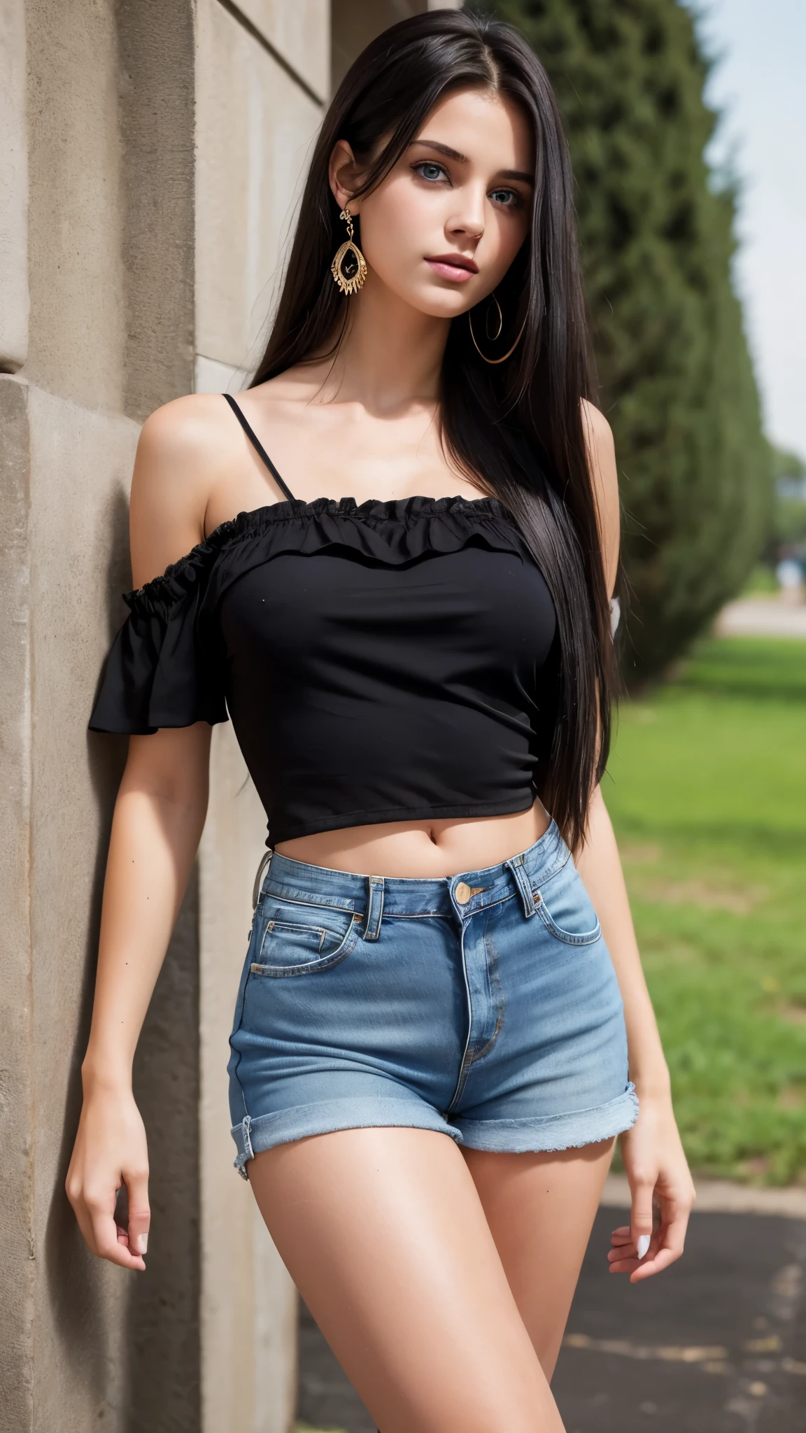 Beautiful 18 year old brunette girl with fair skin, blue eyes, long straight black hair, wearing earrings, wearing a black one shoulder blouse and short high waisted denim shorts with thick legs showing her belly button