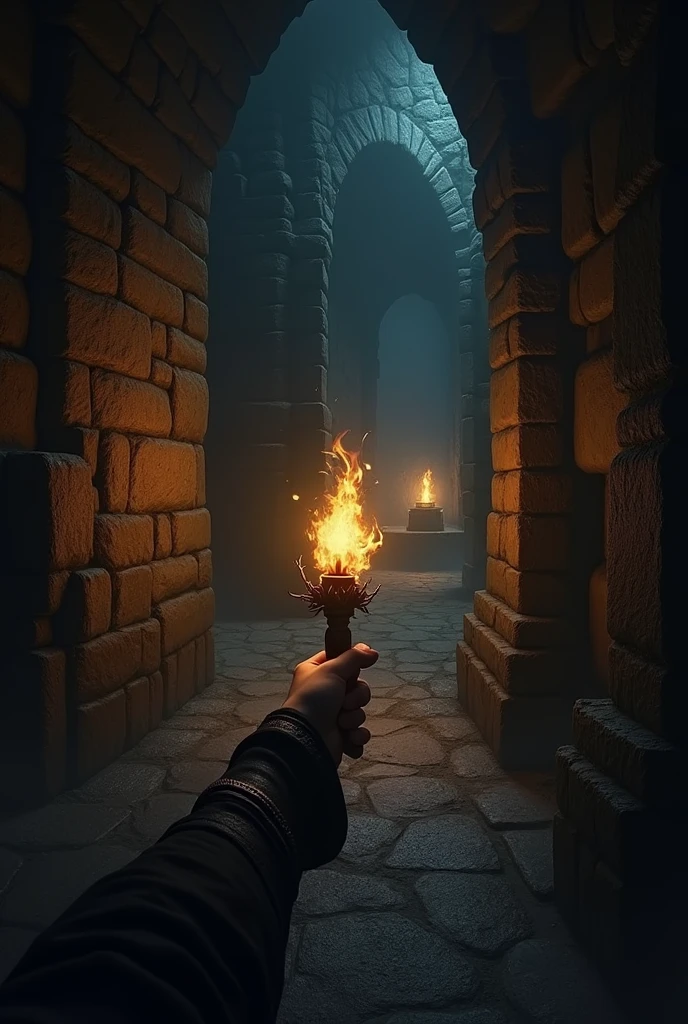 Draw a dark dungeon corridor, fancy, RPG, there is a hand as if it were the reader's hand holding a torch, as if it were a first person game where the player is exploring this dungeon, the corridor is very narrow and dangerous, in front of the reader there is a golden chest