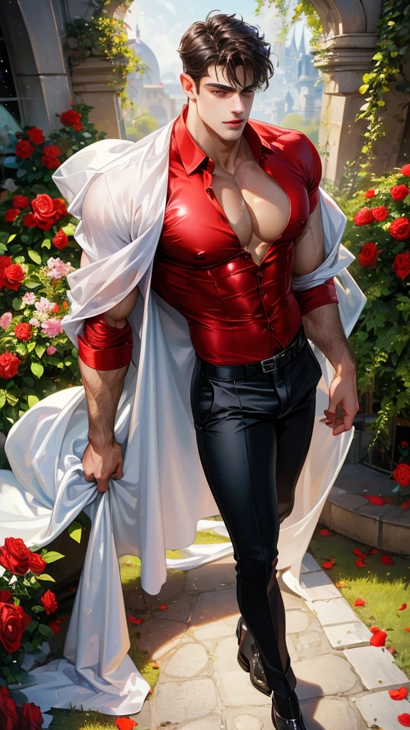 (absurdres, highres, ultra detailed), a strikingly muscular handsome young man, solo, extremely detailed facial features, (face: Matthew Daddario), gorgeous, beautiful, wet, perfect eyes, sexy gaze, (looking at the viewers romantically), perfect body, smooth skin, wide chest, largest breast, extremely large pectorals, big nipples, breathtaking grandeur, (toned physique: 1.5), (a hot gleam: 1.5) in his skin, mature, (ruby red silk shirt and black pants, bulge: 1.2), verious red and pink roses around him, the man is standing comfortably in the roses, from directly above, model pose, colorful, artistic, depth of field, focus on his calm facial features, elegant look, (full body view), sexy posture,