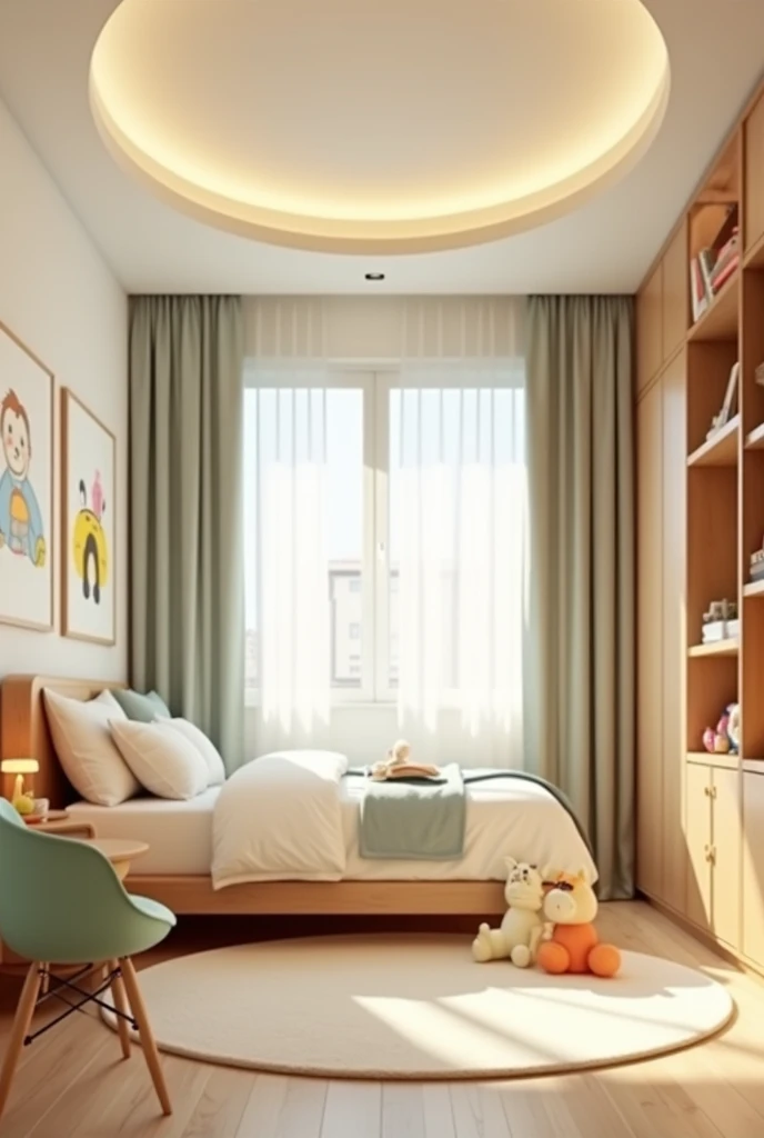 Professional 3d architecture rendering design of modern and light moss and so light Thunder and light cream and light orange wooden Modern and minimal design for chid bedroom and light cream carpet with animals painting and white painting wall and light wooden closet with animals painting and modern ceiling lighting and modern curtains for chid room and the bed similar globe and safety chair for chid and many toys