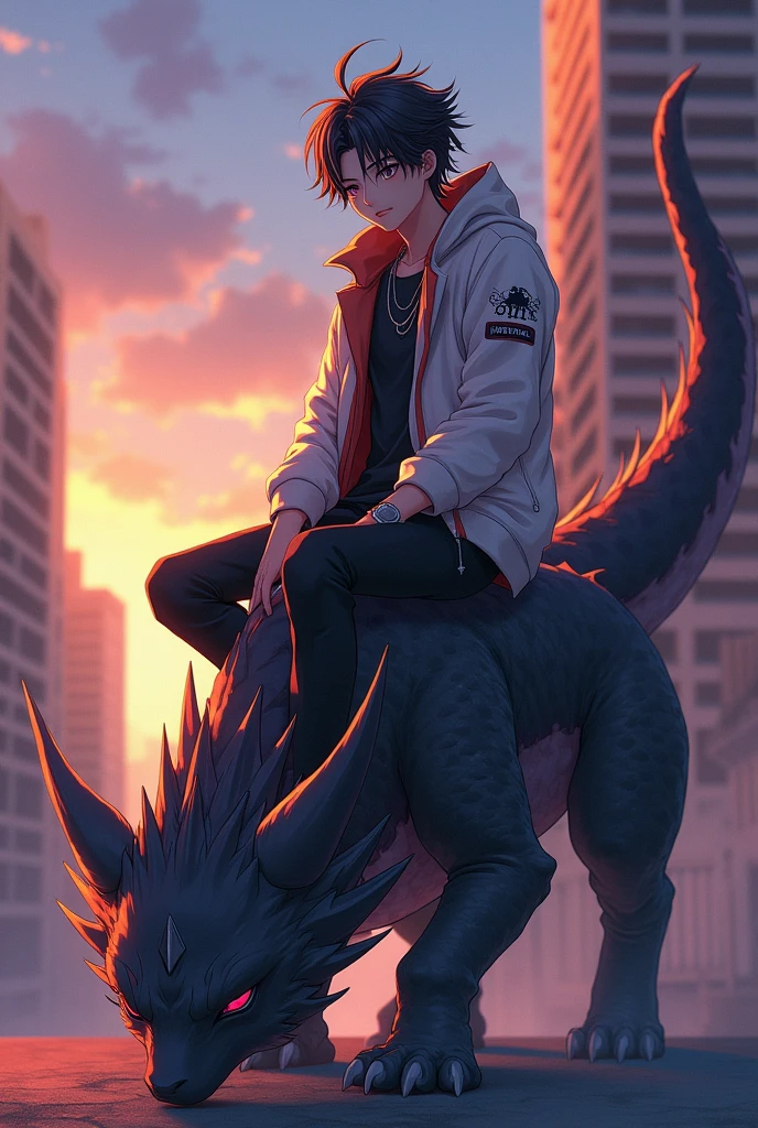 Anime boy with some stylish with a drogn pet and his is stting on his pet background building with evening time