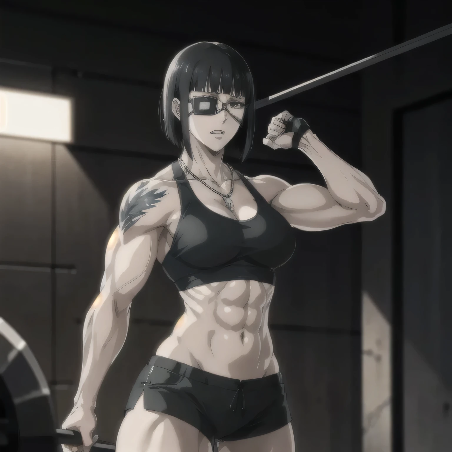 best quality,ultra-detailed,realistic:1.37),musclaur badass girl with sculpted body with preview her musclaur body and six-pack, full review of the female character's face and body, intense expression, strong and confident posture, studio lighting, vivid colors, physiologically-based rendering, grungy texture, rugged background, dust particles in the air, commanding presence, professional, powerful, gritty aesthetics,,Valmet،short hair, Chains necklace,Light reflection on shoulders,clean muscles،wearing black sport shorts and blue gym tank top,tattoos on shoulders،muscles review( girl solo),eyepatch,Shining muscles,eyes detailing,fat free body,veins in muscles,penis growth inside shorts,Photo session,Matching remix,With both hands holding a metal rod,fighting by metal rod