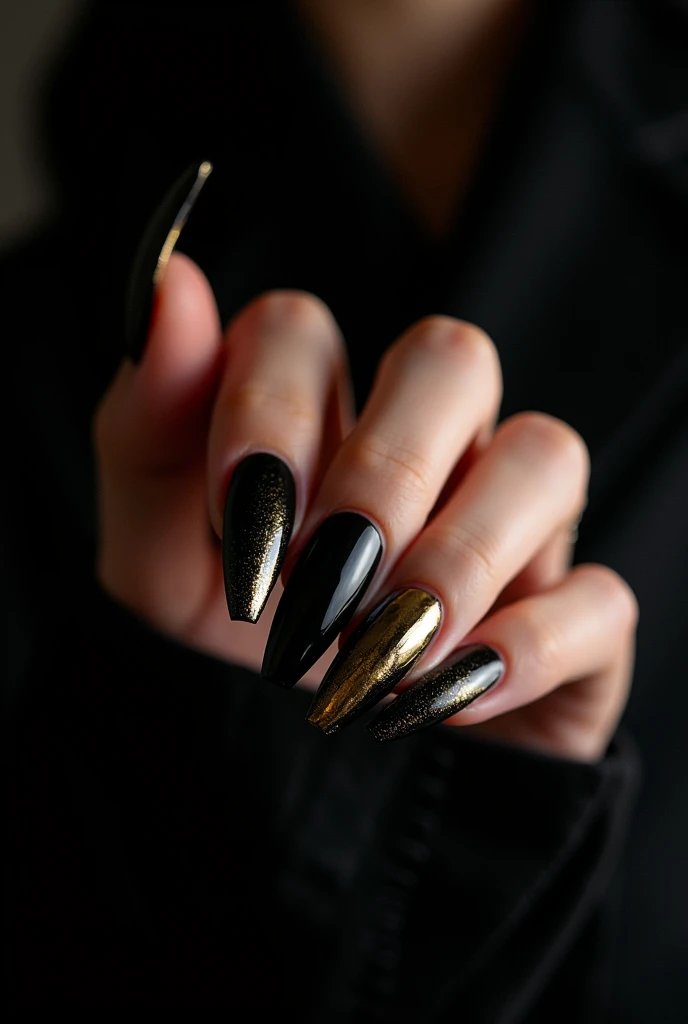 long black and gold nails