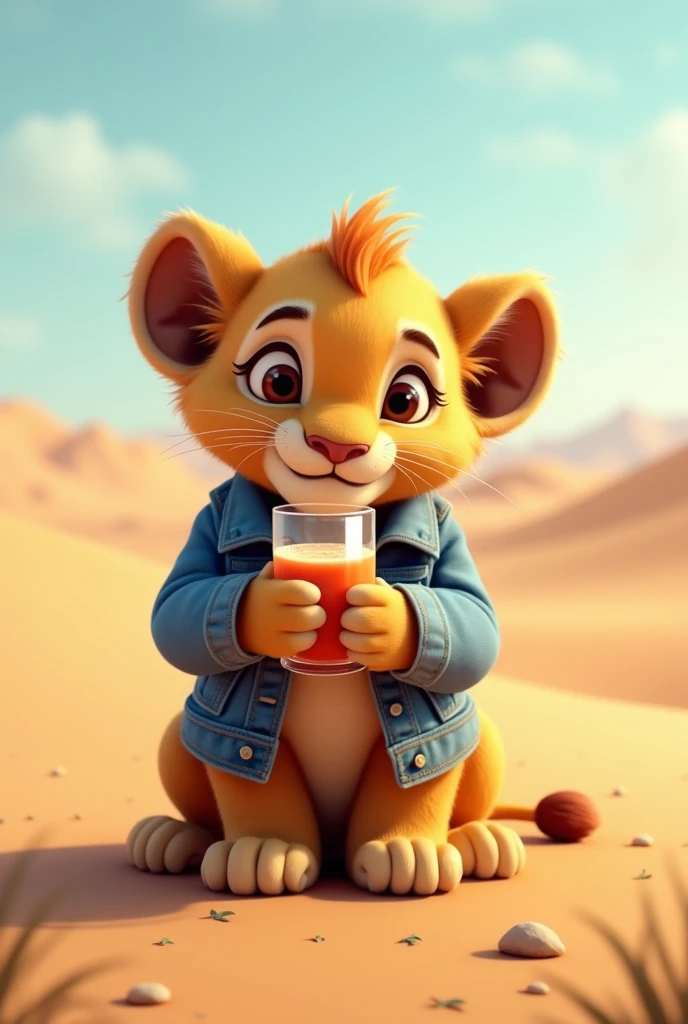 In the desert,A little lion in a denim jacket drinking a drink