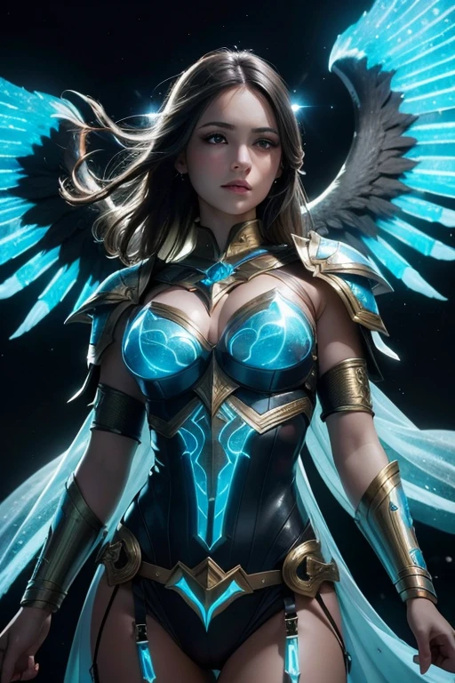 Waist up (perspective angle from bottom to top) fantasy valkyrie girl in tight glowing body & ornad armor with hero galaxy glowing cape, sharp focus, UHD, (masterpiece), best quality, expressive eyes, perfect face, cinematic illumination, midnight aura, 4k