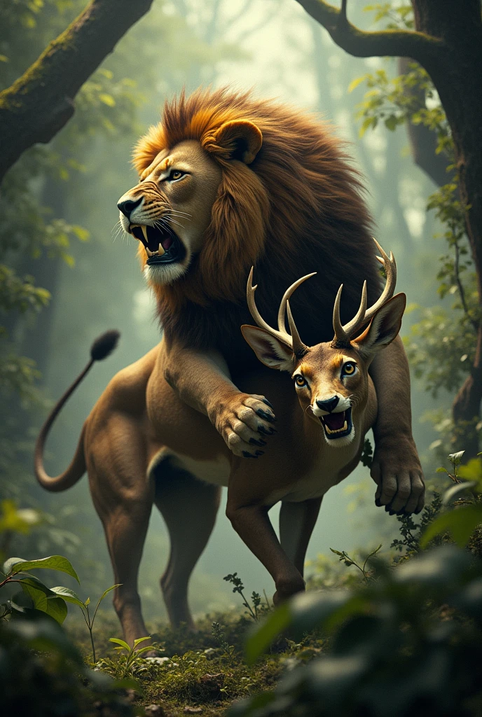 Prompt: "A lion catching the deer in the forest, with the deer looking defeated.""