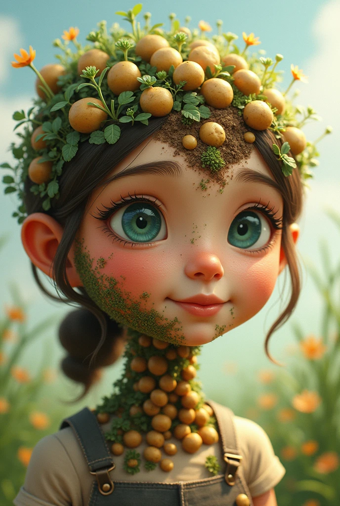 Girl farming mini  potato in her whole face.her face is a field