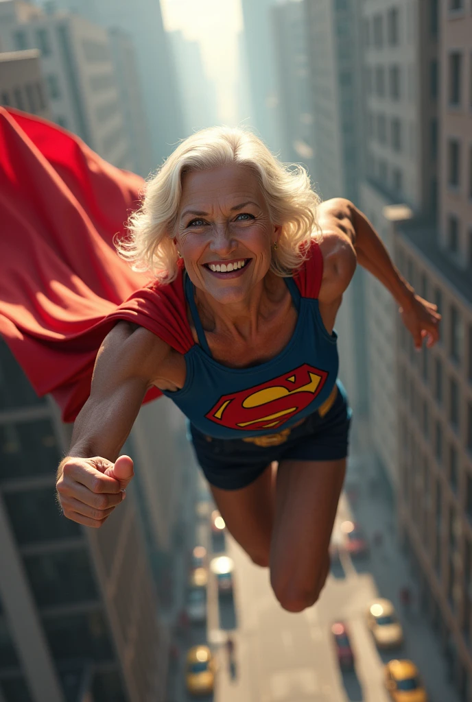 Eldery Supergirl, bodybuilder, low boots, tank top, short skirt, flowing cape, whooshing sideway through metropolis, perfect fingers, perfect eyes, perfect teeth, perfect nose, smirking expression