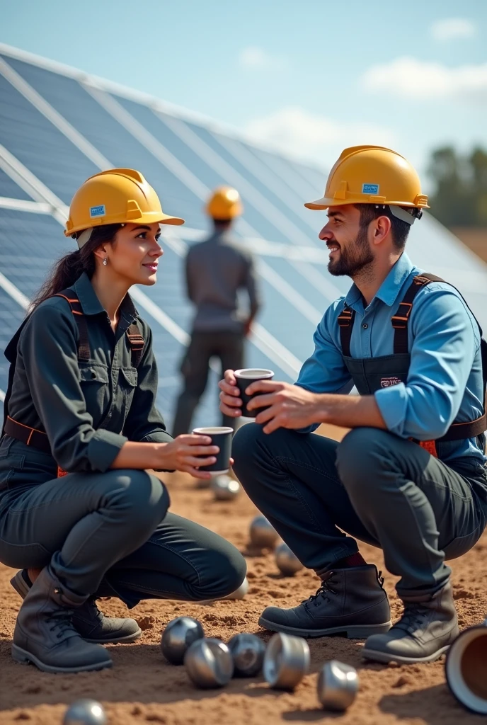 for the day of Peruvian coffee ,
Male and female workers of the company INELECTRI SAC , with helmet, with black and light blue shirt, Boots ,tools and drinking coffee at a solar panel installation