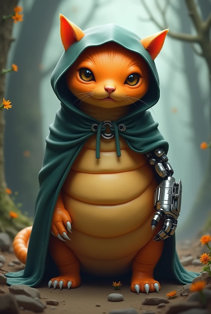 A orange slugcat with a cloak on and has a robotic right arm