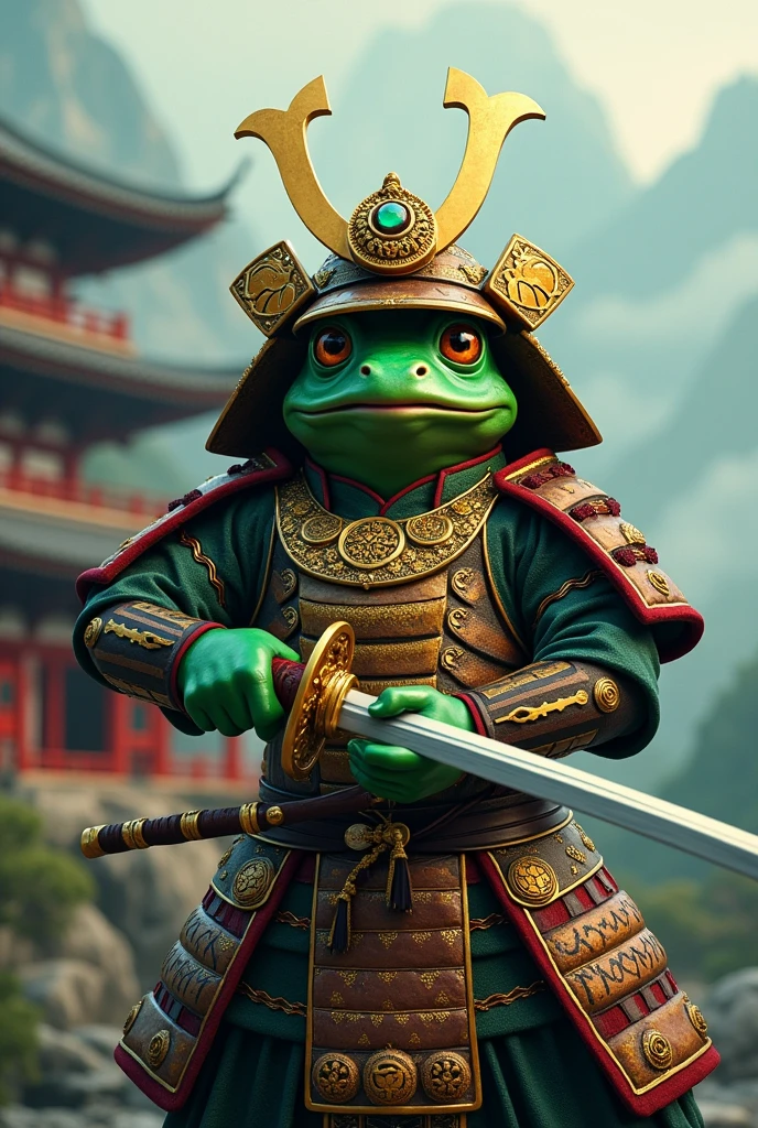 Create an image of a frog samurai king in an imposing and heroic pose. He must wear highly detailed samurai armor with gold and red elements., matching a gold crown adorned with precious stones. Your skin should be green with emerald tones, and his eyes, bright and penetrating. The frog must wield a decorated katana, with the gleaming blade and intricate guard. Ao fundo, an epic scene of an ancient Japanese temple, with mountains and fog around, enhancing the mystical and legendary atmosphere. The image must have a dynamic and dramatic style, capturing the strength and nobility of the character