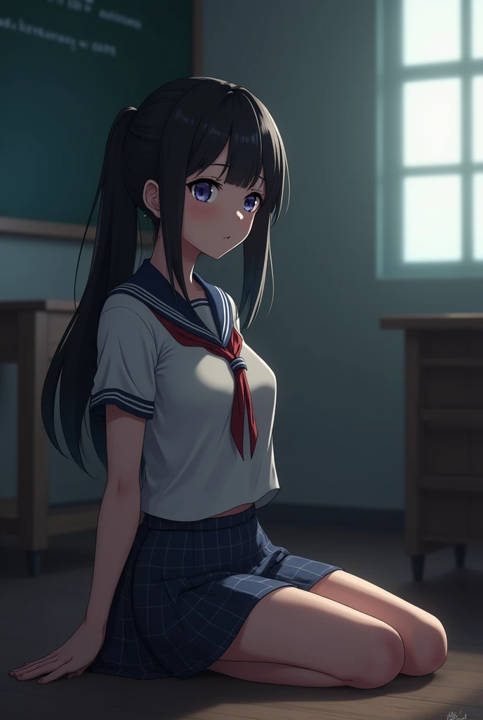 nsfw,alone, (One girl), Elementary school girl,8-year-old, ((White panties)), (wearing only the top half of sailor school uniform), Sailor with un-folded hems,  sexy, (Cowboy Shot),  ((Put your arms behind your head)), classroom, With a girl：hair is black and short, Her face is round and cute, Black Hair, Low twin tails,,Shy, Embarrassing,(pussy cameltoe:1.0),Sit on a chair、Spread your legs、M-shaped legs、Wet,pussy juice,