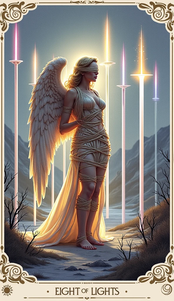 Create a hyper-realistic, stunning image for the "Eight of Lights" card in the Lumen Angelis deck, inspired by the traditional Eight of Swords from the Rider-Waite tarot but transformed into an ethereal and celestial scene that captures the spiritual depth and emotional intensity of the card.
The central figure is a celestial being, an angel of profound beauty and grace, standing on a barren, mist-covered landscape. The angel is bound, not by ropes, but by bands of pure, radiant light that glow with an otherworldly luminescence. These bands wrap around the angel's body and wings, holding them tightly in place, symbolizing a state of spiritual or mental confinement. The light bands are intricately detailed, with faint inscriptions of celestial script that pulse gently, as if alive, indicating that these are not just physical restraints but manifestations of inner fears and doubts.
The angel's eyes are covered with a delicate veil of light, obscuring their vision, yet it shimmers with a soft, iridescent glow, hinting at the possibility of enlightenment and clarity if they choose to remove it. The angel's expression is one of serene resignation, with a slight furrow in their brow, suggesting inner turmoil and the struggle to find a way out of their predicament. Their wings, though bound, are majestic, with feathers that glisten like silver in the dim light, showing their true potential despite the current state of restriction.
Surrounding the angel are eight towering beams of light, each one piercing the ground like a sword. These beams are sharp and radiant, forming a semi-circle around the angel, creating a sense of entrapment. Each beam of light is unique, with slight variations in color and intensity, representing different aspects of the challenges or thoughts that confine the angel. The light beams are so brilliantly detailed that they appear almost tangible, casting long shadows on the misty ground below, which ripple and shift as if alive, adding to the sens