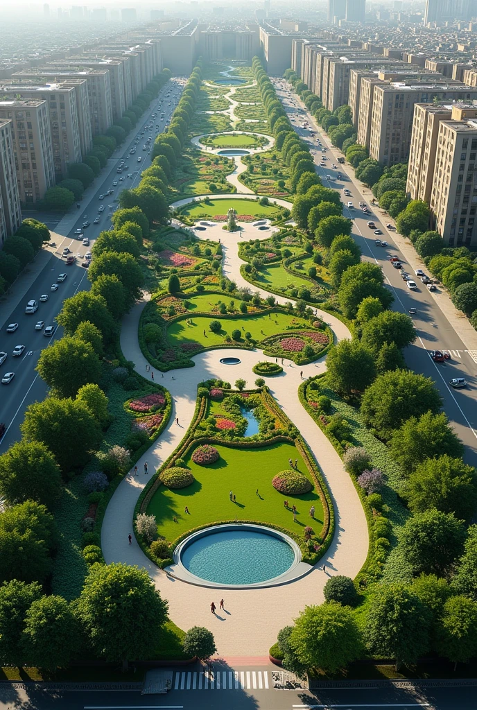 It generates a 112,000 m2 park in a city with an aerial satellite view from above that allows you to see the entire park.