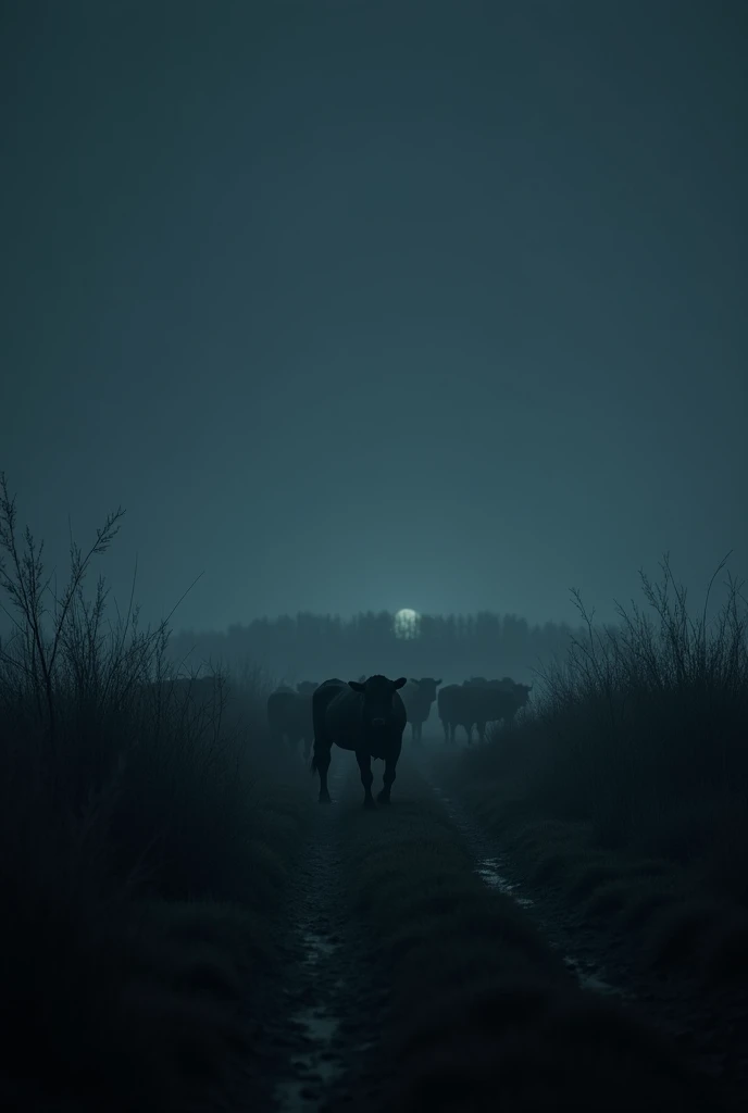 Dark realistic night photos of Ukrainian nature on the plain in gothic style, fewer trees, more bushes and grass, a herd of cows is grazing in the distance