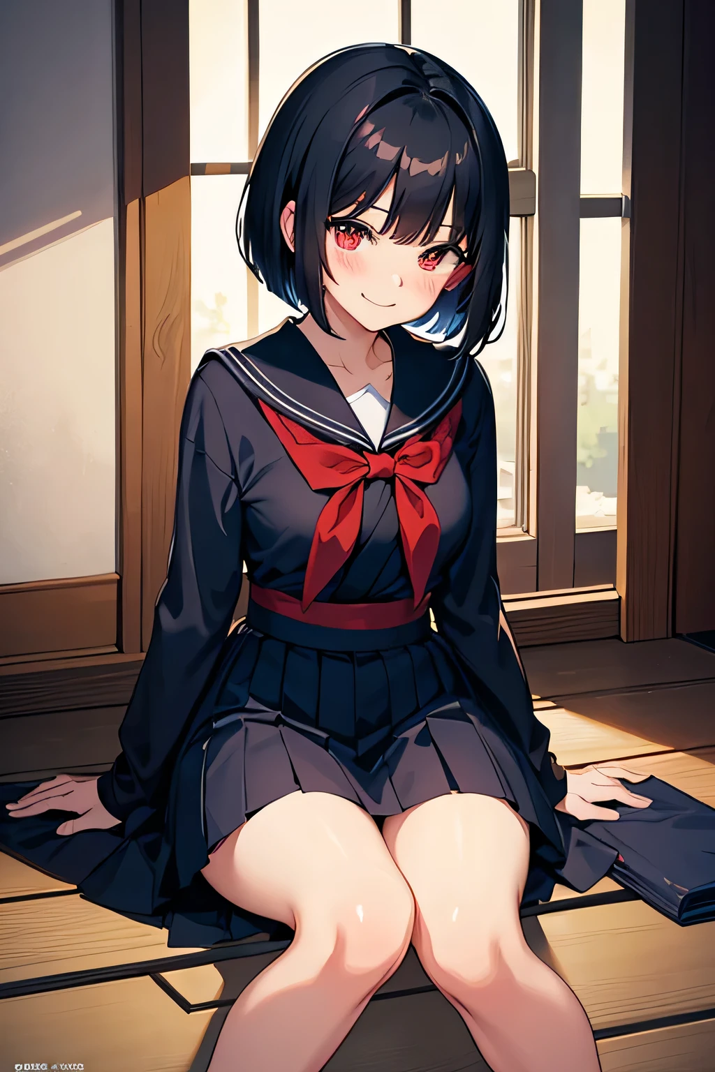 Comic book style, anime, stunningly beautiful smiling college girl, blushing, short black hair, bob cut, wearing an Japanese school dress, red eyes, Alice the bully, 18 yo,
