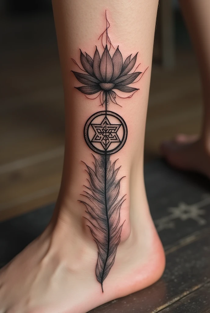 drawing (touch) of a feather, an unalome and a lotus flower. All united vertically.
The feather at the bottom. The flower on top. The unalome in the middle.
Tattoo on a foot