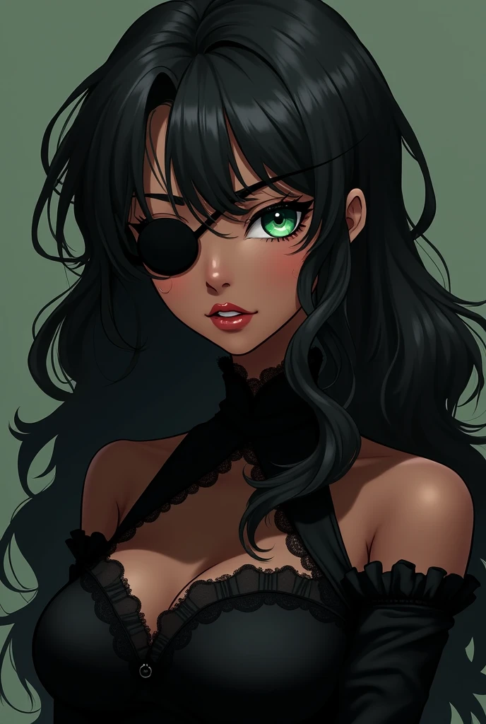 Make anime style. From a BLACK woman with long black curly hair, green eyes wearing a black Victorian outfit and covering the body, with an eye patch, and some moles on the face.