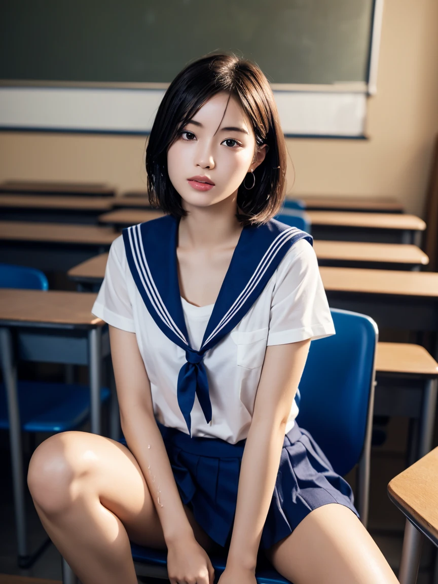 masterpiece:1.2, Very detailed, Ultra-high resolution, Realistic, photo Realistic:1.6, High-resolution RAW color photos, Professional photos, Sharp focus:1.2, Very detailed顔と肌の質感, Very beautiful eyes, Glossのある肌, Glowing Skin, Glowing Skin, Shining Face, Gloss, Oily skin, greasy face, Oily skin, greasy face,, real Glossのある肌 texture, Perfect Anatomy, Very detailed背景,(High school classroom at night),1 female,25-year-old woman, Japanese women,height: 168cm,short hair, Straight hair, bangs, Brown Hair,((Flat Chest:1.6)),Slender legs, (See-through white short-sleeved sailor suit、Navy blue pleated mini skirt:1.5、Sexy T-panties under skirt),(A sailor uniform that was wet from the rain and very transparent:1.5),Earrings,(With both knees up:1.6、Sit on a desk)