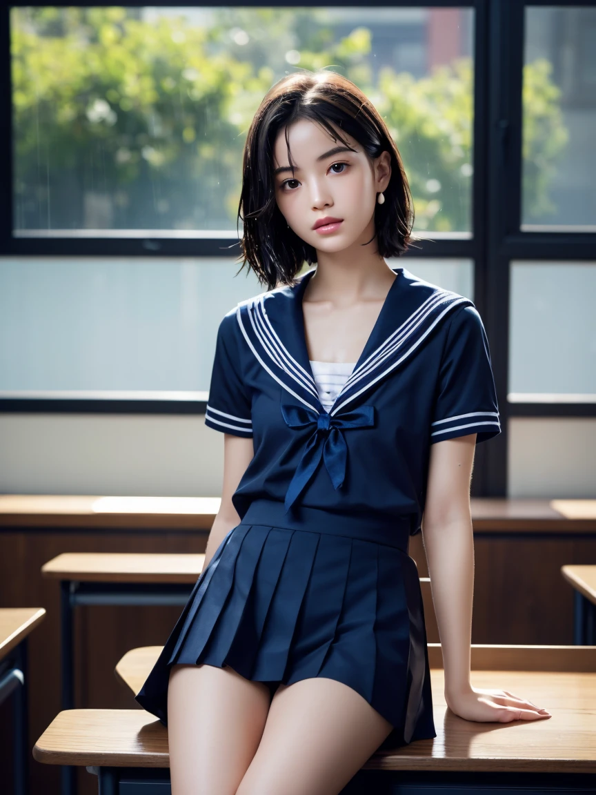 masterpiece:1.2, Very detailed, Ultra-high resolution, Realistic, photo Realistic:1.6, High-resolution RAW color photos, Professional photos, Sharp focus:1.2, Very detailed顔と肌の質感, Very beautiful eyes, Glossのある肌, Glowing Skin, Glowing Skin, Shining Face, Gloss, Oily skin, greasy face, Oily skin, greasy face,, real Glossのある肌 texture, Perfect Anatomy, Very detailed背景,(High school classroom at night),1 female,25-year-old woman, Japanese women,height: 168cm,short hair, Straight hair, bangs, Brown Hair,((Flat Chest:1.6)),Slender legs, (See-through white short-sleeved sailor suit、Navy blue pleated mini skirt:1.5、Sexy T-panties under skirt),(A sailor uniform that was wet from the rain and very transparent:1.5),Earrings,(With both knees up:1.6、Sit on a desk)