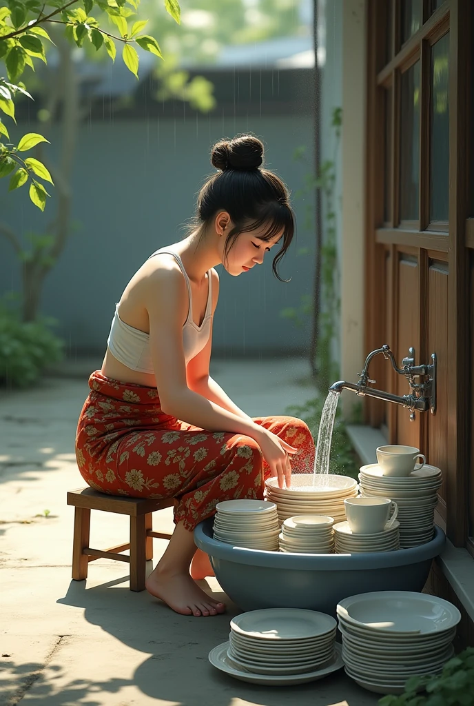 A serene scene of a young man with a soft, fair complexion and a sexy and fit figure sitting on a small wooden stool. she is wearing a traditional patterned sarong and a modest top, kneeling while washing a large pile of dishes in a simple outdoor setting. The concrete ground in the backyard is slightly wet, with water gently flowing into a basin. The atmosphere is peaceful and reflective, capturing the simplicity and beauty of everyday life, with many dishes waiting to be cleaned