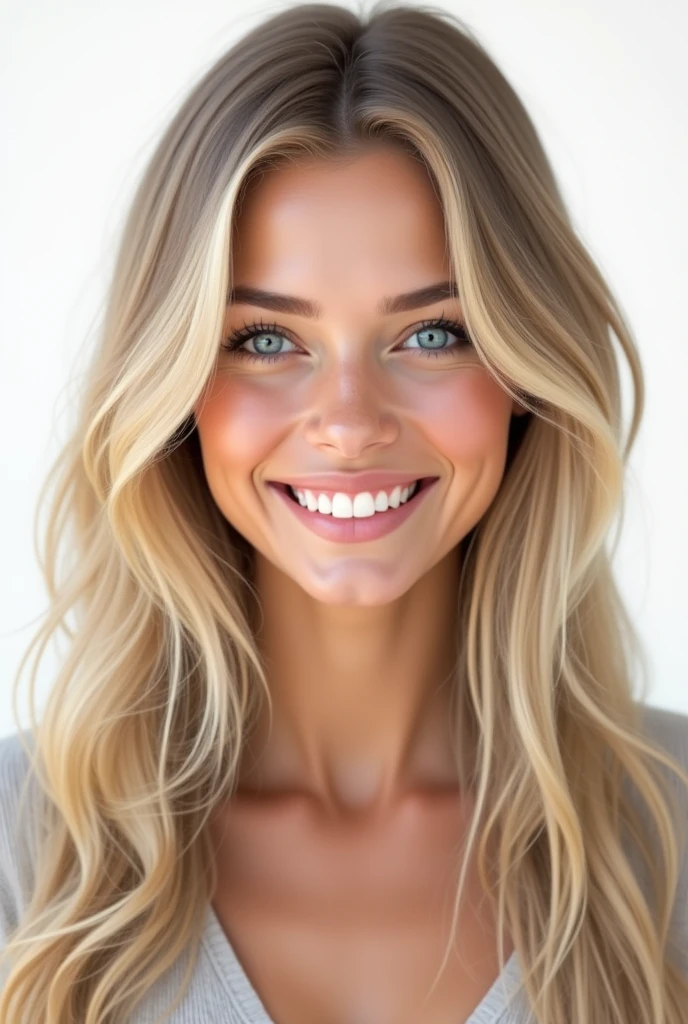 Belle fille de 20 ans, realistic, long hair, blond clair, blue eye, souriante, dent blanche, smooth hair, très realistic, cheveux très très plat, photo identité, sur fond png, mega realiste