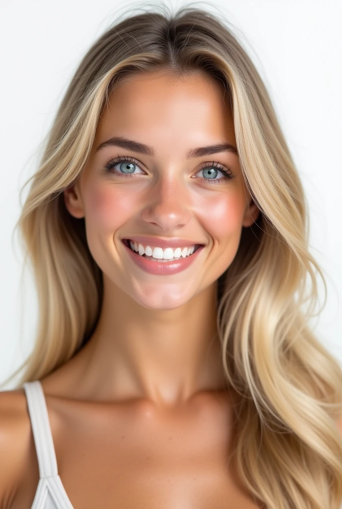 Belle fille de 20 ans, realistic, long hair, blond clair, blue eye, souriante, dent blanche, smooth hair, très realistic, cheveux très très plat, photo identité, sur fond png, mega realiste