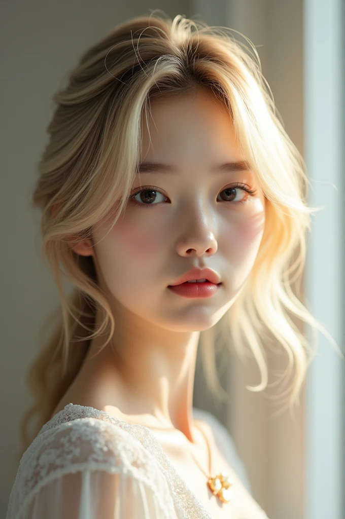  south Korean girl with white skin black eyes blonde hair and a very beautiful face