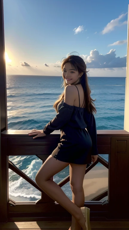 Highest quality,masterpiece,Ultra-high resolution,(Reality:1.4),Original photo,Cinema Lighting, One person,smile,Backlight,Ocean,